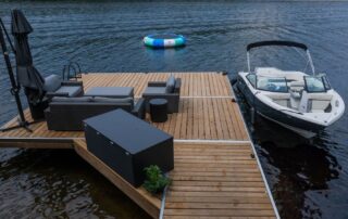 Black furniture on a dock